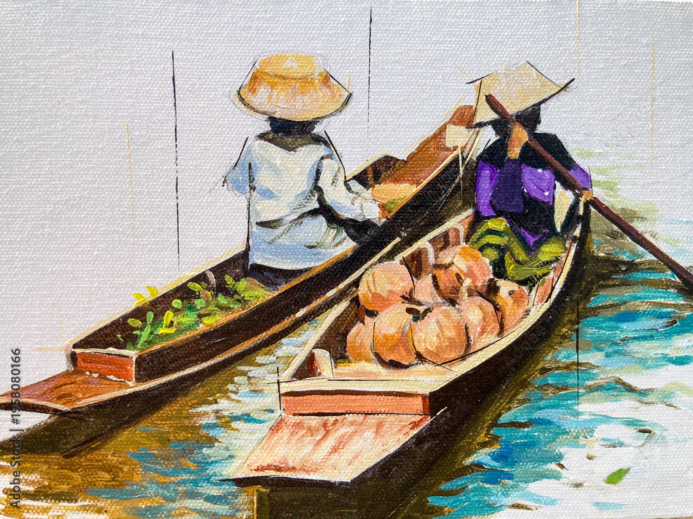 Obraz premium Elderly women rowing opposite boats, horizontal