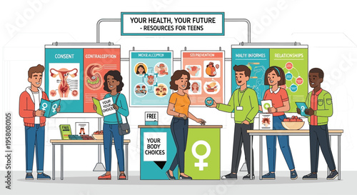 Diverse group of people at a health fair discussing reproductive health.