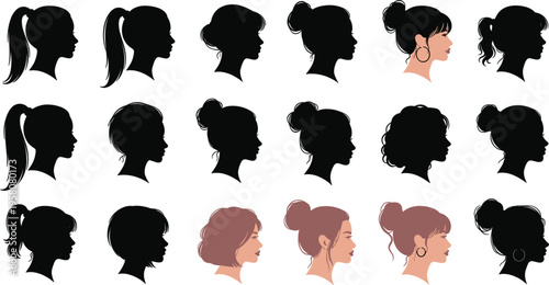 Women hairstyle silhouettes and colored profiles collection, female head poses set, different hair styles girls faces isolated, beauty salon concept, fashion illustration