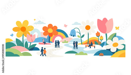 A vibrant flower illustration with people in a colorful park scene