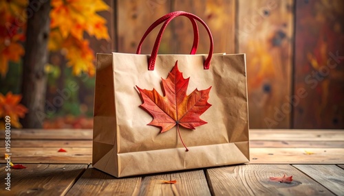 An isolated red paper shopping bag decorated with brown autumn maple leaves for a retail fall sale or holiday gift purchase