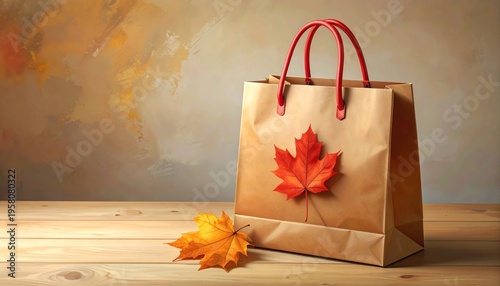 An isolated red paper shopping bag decorated with brown autumn maple leaves for a retail fall sale or holiday gift purchase