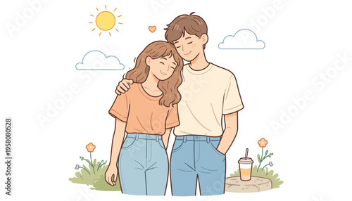 A loving couple illustration standing together in a sunny outdoor setting