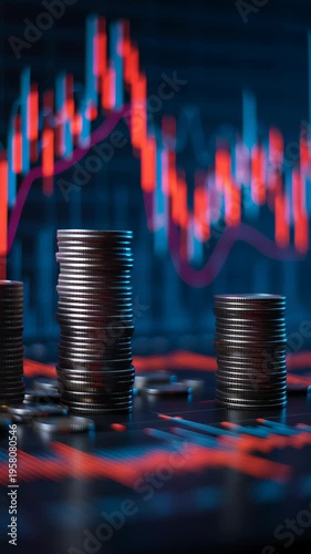 A financial scene featuring stacks of coins in the foreground with a large digital chart showing inflation rates, tax indicators, and interest rate trends, clean composition with space for text, blue 