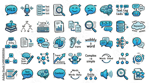 Natural Language Processing Doodle Icon Set in Blue Gradient. A collection of NLP Linear Icons, including chatbot, neural network, sentiment analysis, translation, and more. Vector art.