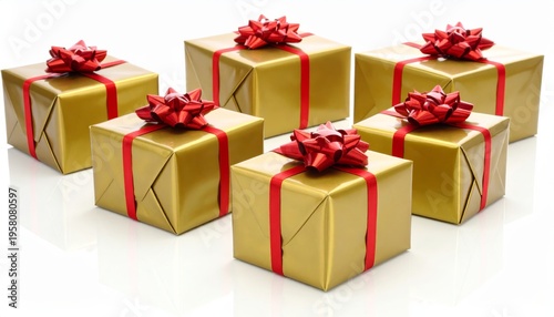 A vibrant red gift box wrapped in decorative paper and finished with a shimmering gold ribbon bow makes a festive surprise for a Christmas celebration or birthday anniversary celebration