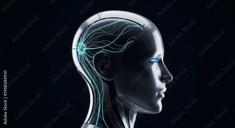 Obraz premium Detailed rendering of a robotic head with glowing circuitry.