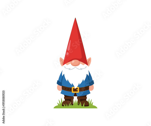 Cartoon gnome with red hat and blue shirt standing on grass