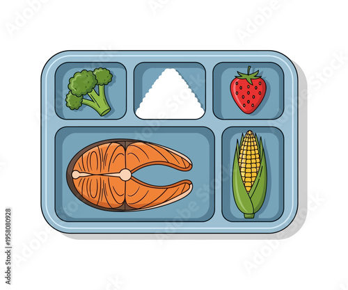 Cartoon school lunch tray with food broccoli