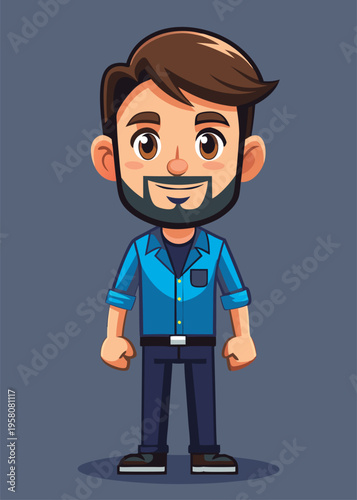 Friendly cartoon man in a blue shirt.