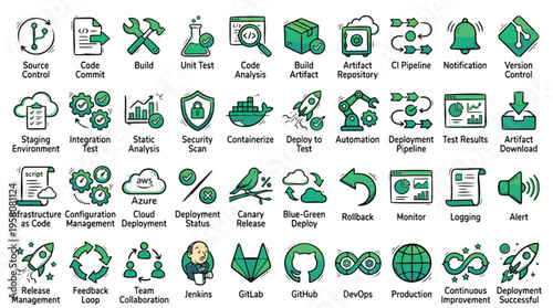 DevOps and Software Development Icon Set in Hand-Drawn Style. A collection of CI/CD Linear Icons, Including Git, Jenkins, GitLab, GitHub, Cloud, Automation, Testing