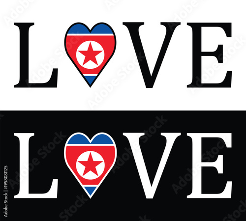 Love North Korea Typographic Design with DPRK Flag in Heart Shape for Patriotic Concepts