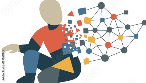 A person sitting with a network of colorful geometric shapes emanating from their body in a modern illustration