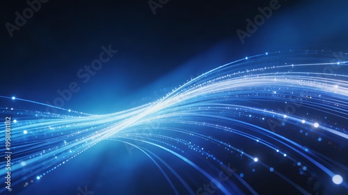 Abstract blue fiber optic data streams flowing in digital network, representing high-speed internet and future technology infrastructure