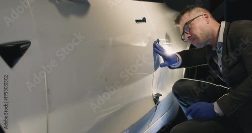 Focused insurance inspector with glasses checks car door surface in garage. Man agent in gloves touches vehicle to evaluate damage of accident at service station