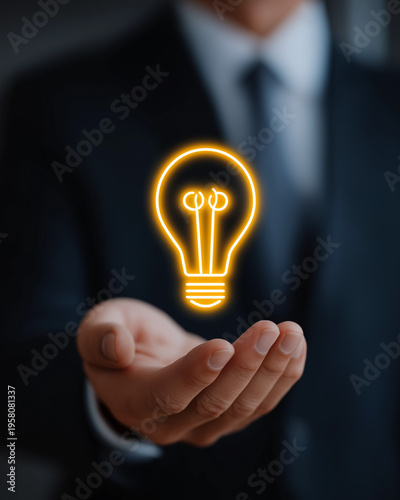 Illumination of Innovation: A close-up view of a person hand carefully cradling a glowing lightbulb symbol, symbolizing the spark of an idea. The image is captured in a business context.
