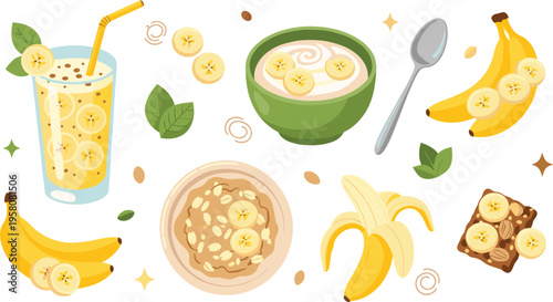 Banana food set with smoothie, oatmeal, dessert and fresh fruit, healthy breakfast and snack cartoon vector illustration collection