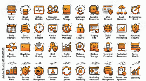 Web Hosting and Server Services Icon Set in Hand-Drawn Doodle Style. A collection of Linear Icons representing hosting, including storage, security, database, backup, network