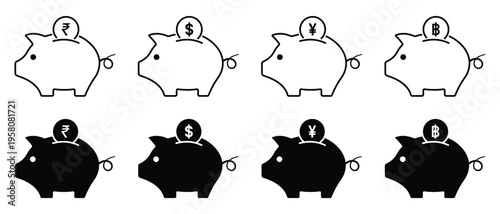 Piggy bank vector icon set with coin. Black silhouette of piggy bank. Piggy bank saving money icons. Vector illustration.