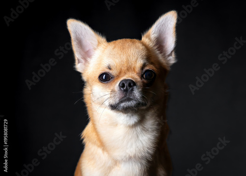 A close-up portrait of a red-haired Chihuahua on a black background. The dog is looking at the camera.