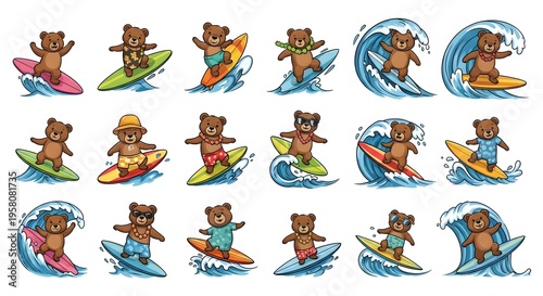 Cartoon bears surf on colorful waves