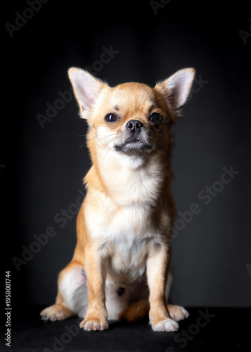 Close-up portrait of a sable colored Chihuahua dog sitting against a black background and looking at the camera