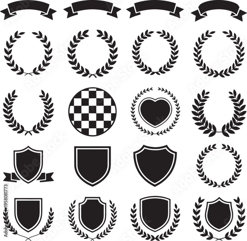 Black and white of shields laurels and ribbons