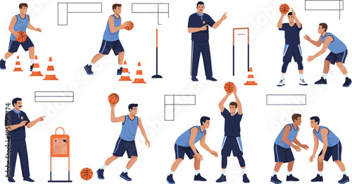 Basketball training drills set with players practicing shooting dribbling and defense, sports coaching techniques flat vector illustration collection for fitness design