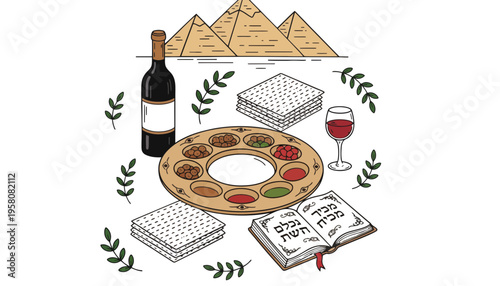 Passover seder plate illustration with pyramids and traditional Jewish foods