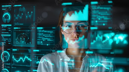 A professional businesswoman working in a modern office, interacting with a holographic interface displaying financial charts, stock growth graphs, and digital market research data, floating dashboard
