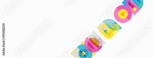 Colorful abstract shapes overlap white background. Geometric forms create dynamic visual composition. Bright hues dominate image.