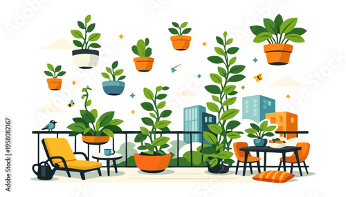 A flower plant vector illustration on a balcony with a city view