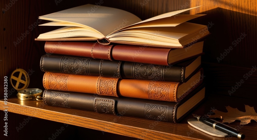 Naklejka premium A Stack of Handcrafted Leather Bound Sketchbooks on a Wooden Shelf