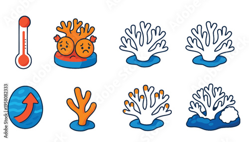 Coral reef vector illustration set with thermometer and ocean temperature rising