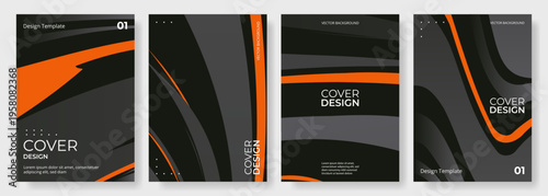 Abstract modern poster or vertical background vector set with black, orange end gray curves shapes. A4 resolution cover design for brochure, book, flyer, poster, banner, annual report, presentation.