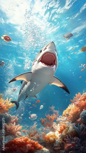 A shark singing with passion surrounded by animated marine life.