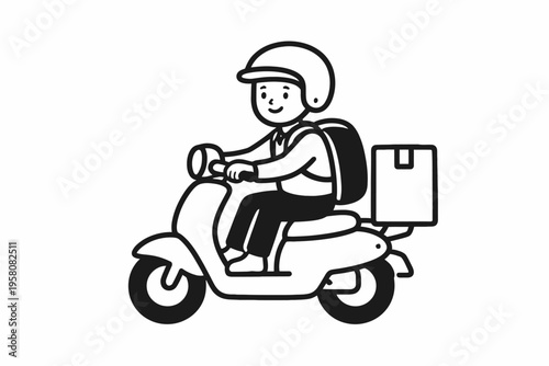 Male asian delivery driver on scooter cartoon with helmet and backpack