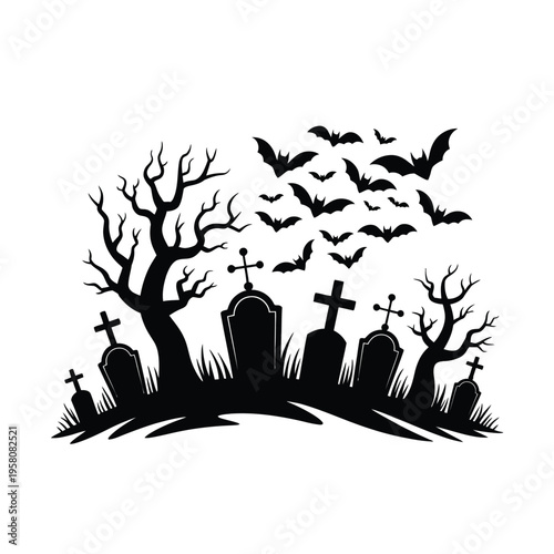 A spooky black silhouette of a graveyard with bats flying overhead