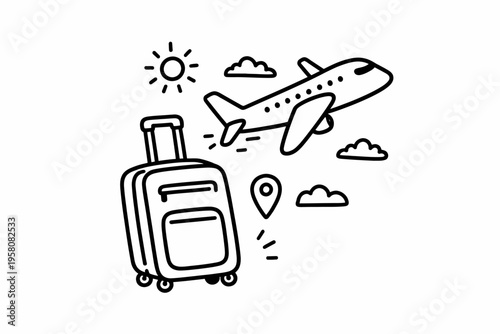 Travel adventure: airplane and luggage icon with sun, clouds, and location marker