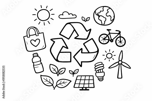 Eco-friendly icons: recycling, solar energy, wind power, and sustainability symbols