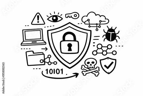 Cybersecurity icons: shield, lock, cloud, bug, and technology symbols