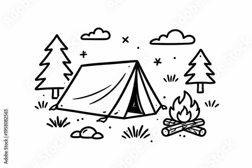 Black and white camping scene with tent, campfire, trees, clouds, and stars