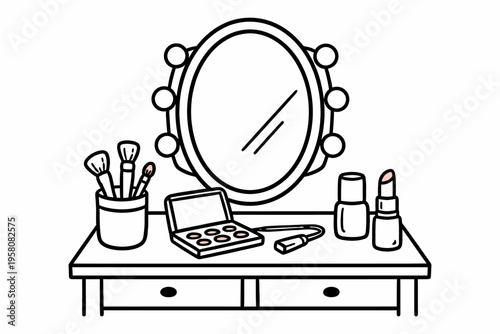 Vanity table with mirror and makeup essentials illustration