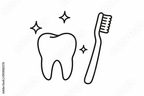 Black and white tooth and toothbrush icon with sparkles for dental hygiene