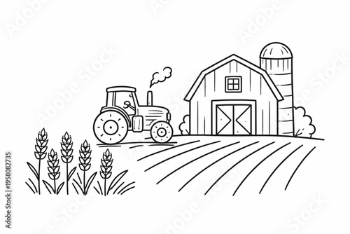 Outline of tractor on farm with barn and silo in rural countryside