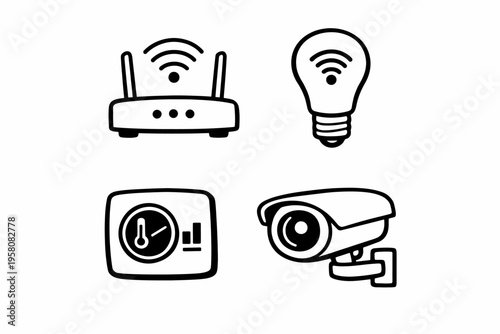 Smart home devices icons: wi-fi router, smart bulb, thermostat, security camera