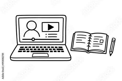 Laptop with online video lesson, open book, and pencil for studying
