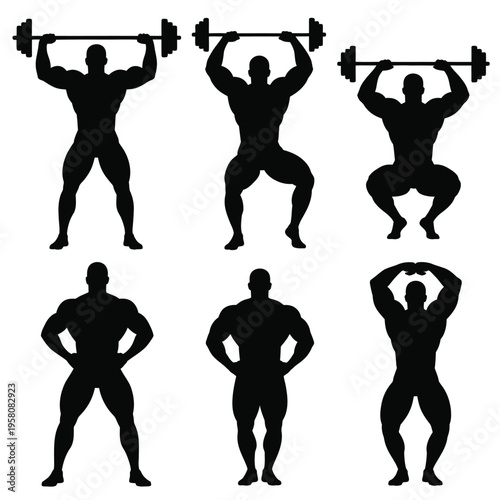 A muscular man in various poses lifting weights in silhouette