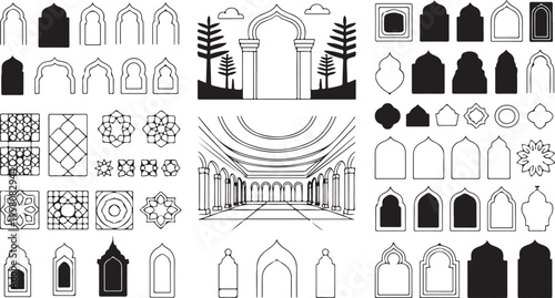Islamic architecture and design elements including arches windows and patterns