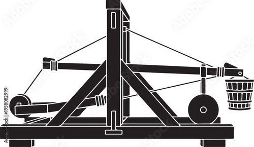 Vector medieval catapult icon, black and white illustration